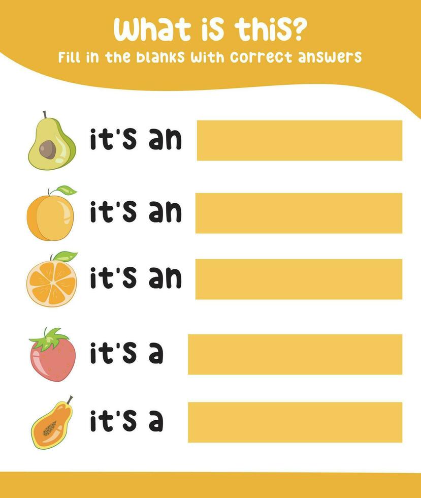 Fill in the blanks with correct answers. Kids educational game. Printable worksheet for preschool. Writing practice for children. Vector file.