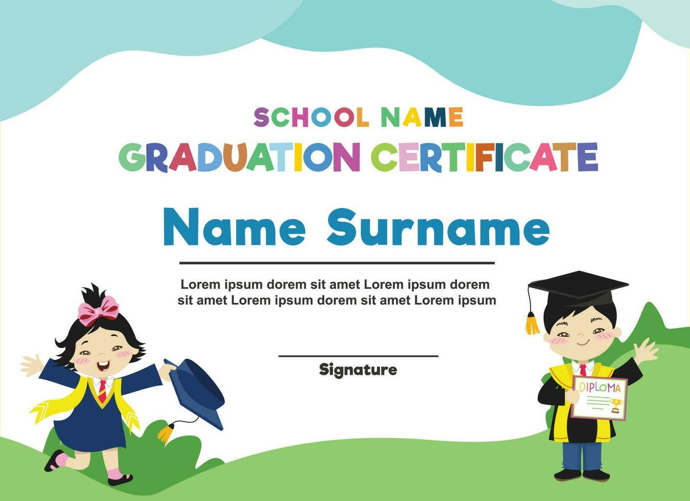 Cute diploma certificate template for preschool, kindergarten or primary school student. Vector file.