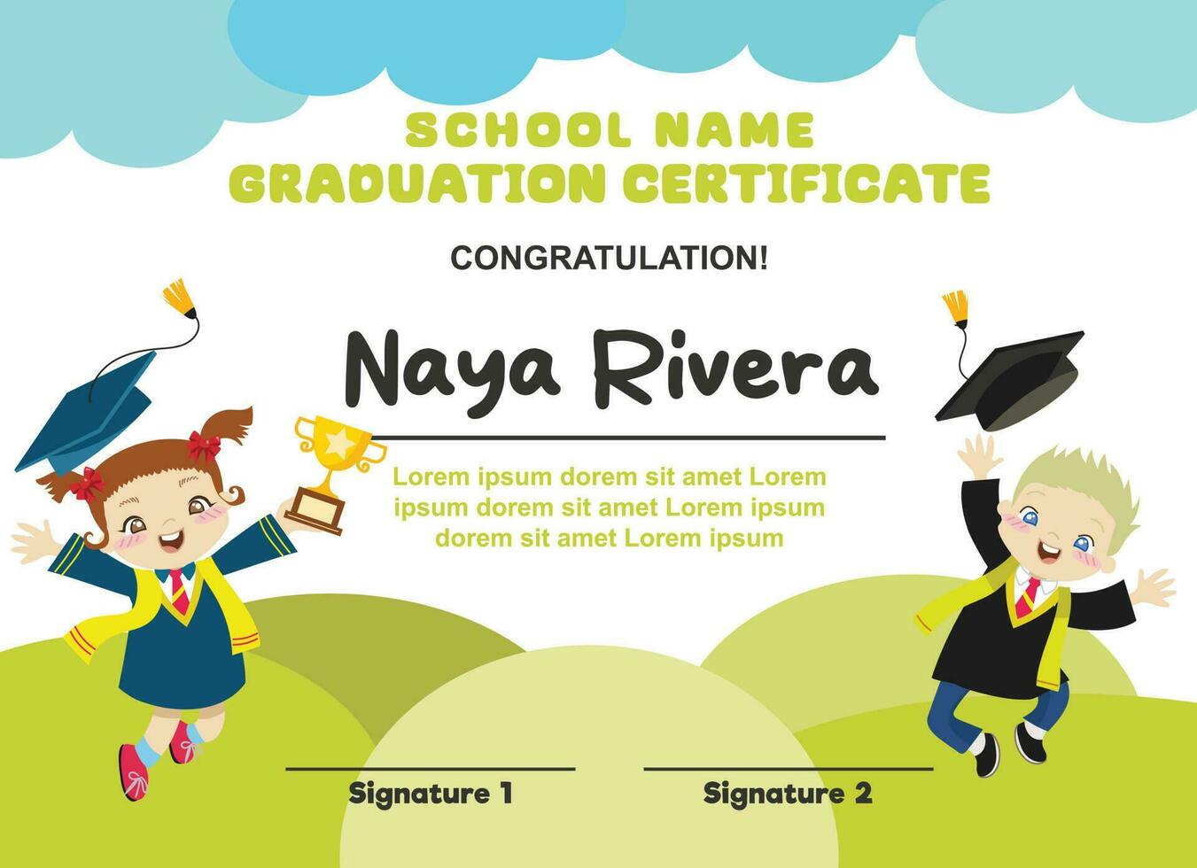 Cute diploma certificate template for preschool, kindergarten or primary school student. Vector file.