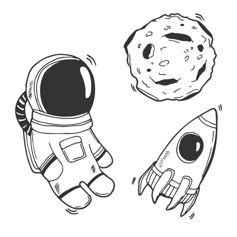 Vector illustration. Astronaut, rocket and the moon in doodle style. Space related objects on white background. Kids room poster.