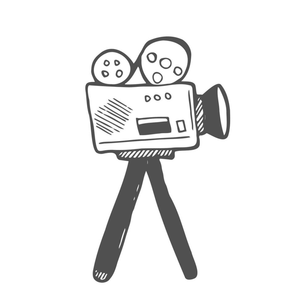Cinema camera.Retro cinema projector.Vintage film projector icon.Hand-drawn outline.Doodle sketch vector illustration. Isolated on white background.