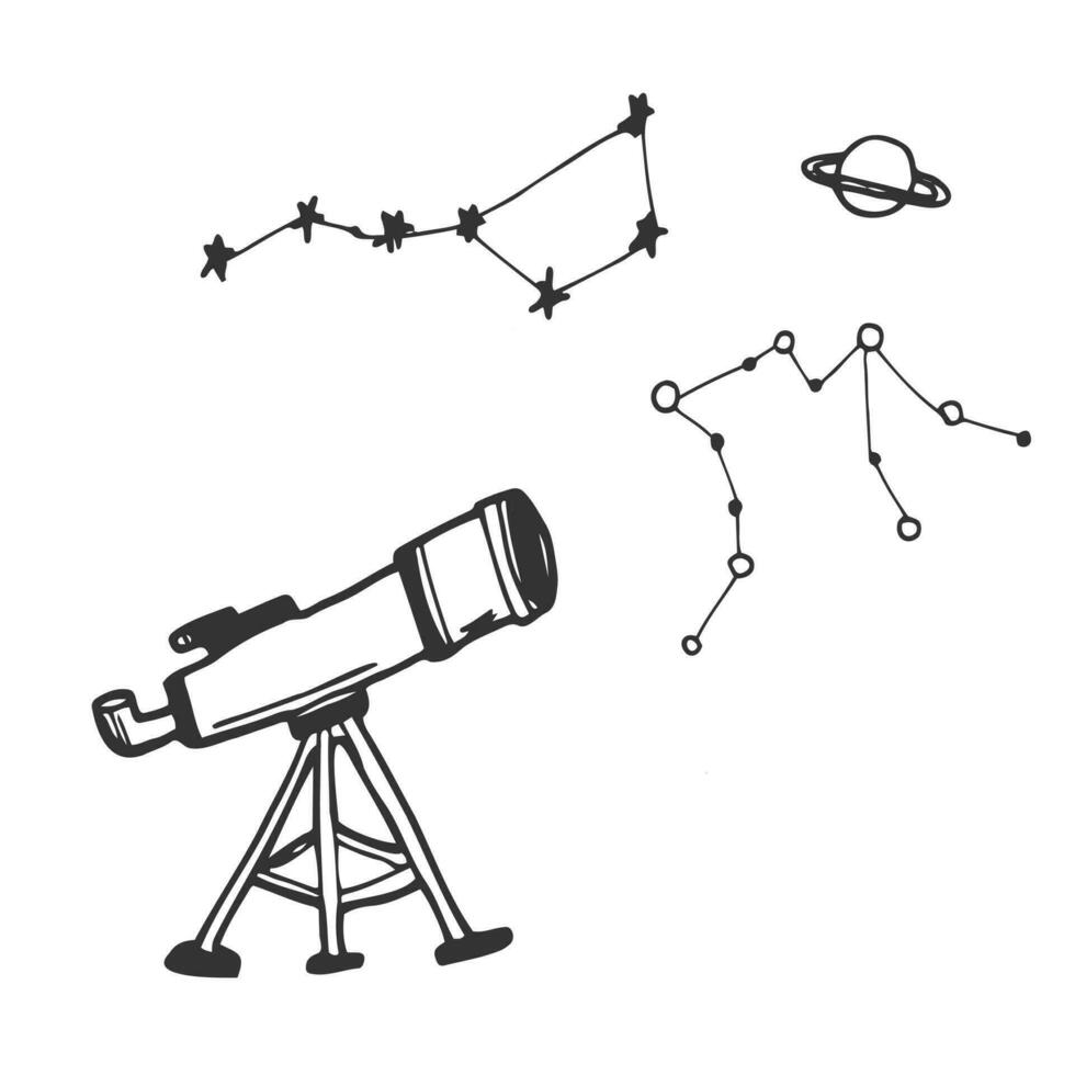 Telescope vector illustration in hand-drawn style isolated on white background. Telescope doodle illustration