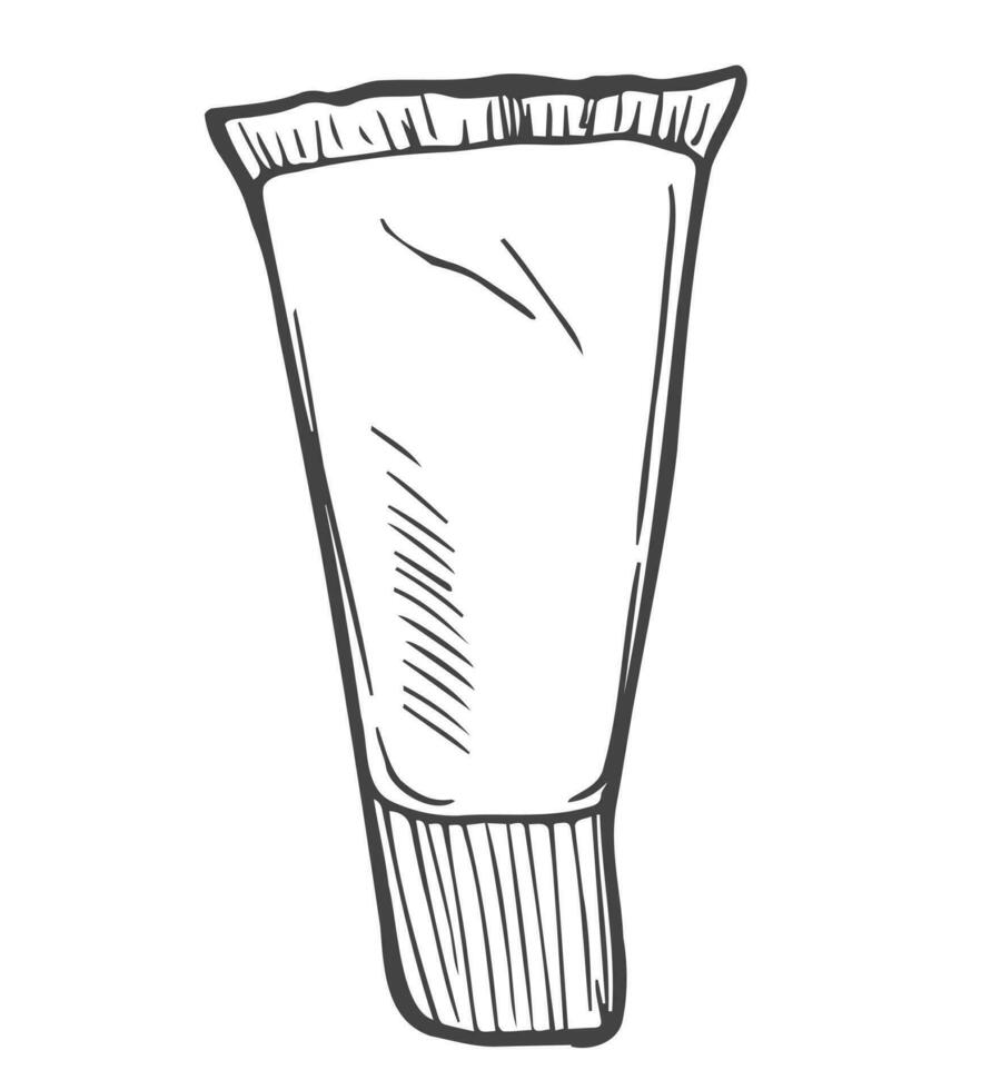 Vector black outline of tube of cream, antiseptic or toothpaste in the style of doodles. Clip art on topic of cosmetics, beauty, brushing teeth, oral hygiene, protection from germs