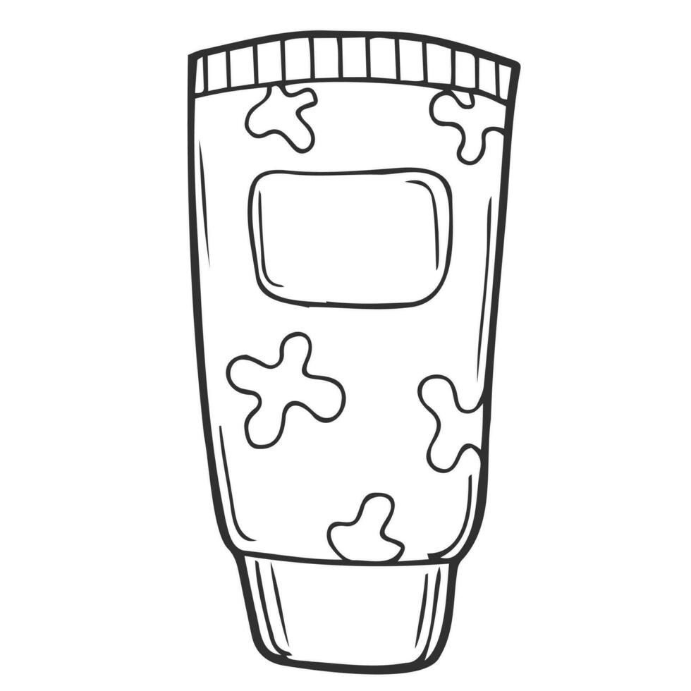 Cream in a tube. Cosmetics. Face and body care products. Vector hand-drawn doodle illustration. Black and white outline