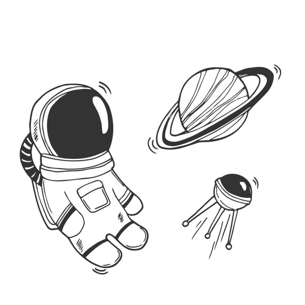 vector ilustración. astronauta, cohete y el Luna en garabatear estilo. espacio relacionado objetos en blanco antecedentes. niños habitación póster.