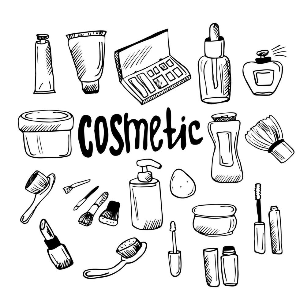 Doodle cosmetic packs set. Woman beauty products sketch collection. Cream, lotion, shampoo, lip stick, eye lashes bottles and brushes. Face and body care products. Line objects in vector. vector