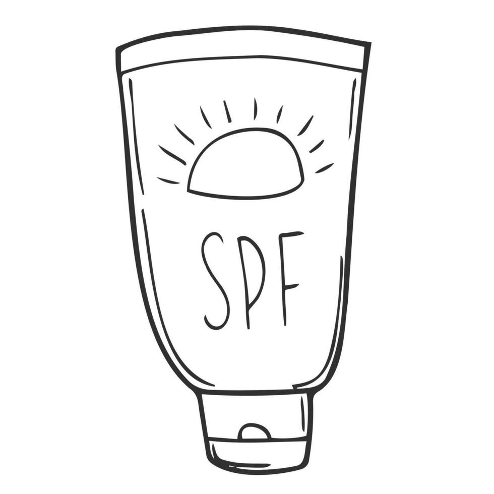 Hand drawn tube of sunscreen. Doodle illustration, SPF sun care concept. vector