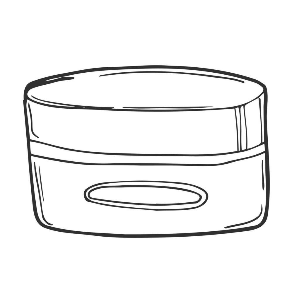 Cream in a jar. Cosmetics. Face and body care products. Vector hand-drawn doodle illustration. Black and white outline