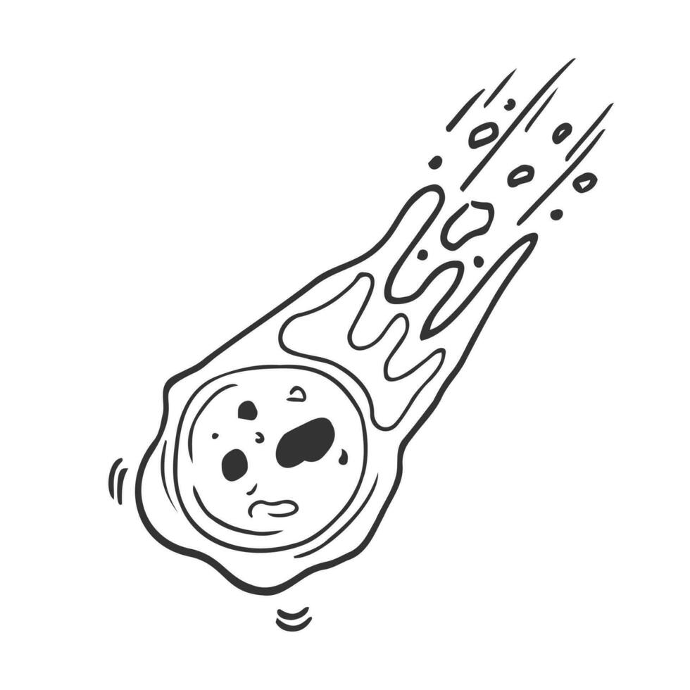 Space comet or meteor hand drawn icon, doodle style vector illustration isolated on white background. Galaxy comet or asteroid symbol or sign in black line.