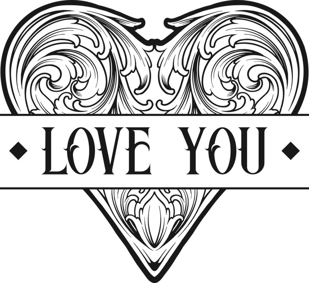 Classic floral swirl love heart ornament valentine logo illustrations monochrome  vector illustrations for your work logo, merchandise t-shirt, stickers and label designs, poster, greeting cards