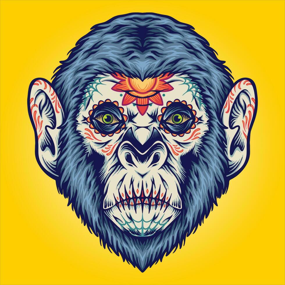 dia de las muertos sugar skull monkey head illustrations vector illustrations for your work logo, merchandise t-shirt, stickers and label designs, poster, greeting cards advertising business company