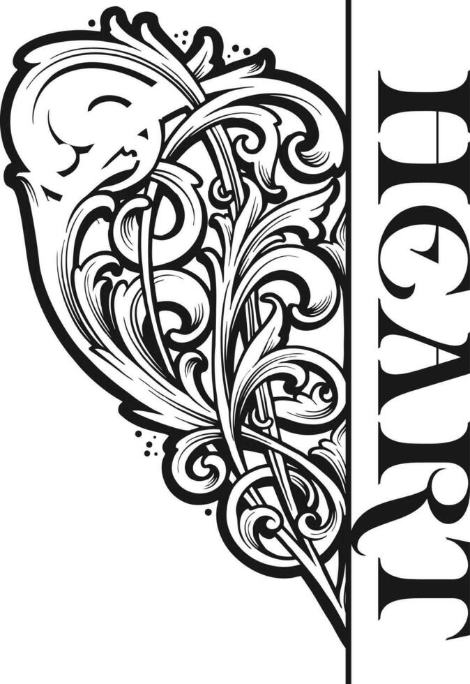 Vintage floral engraved ornament half heart shape illustrations monochrome vector illustrations for your work logo, merchandise t-shirt, stickers and label designs, poster, greeting cards