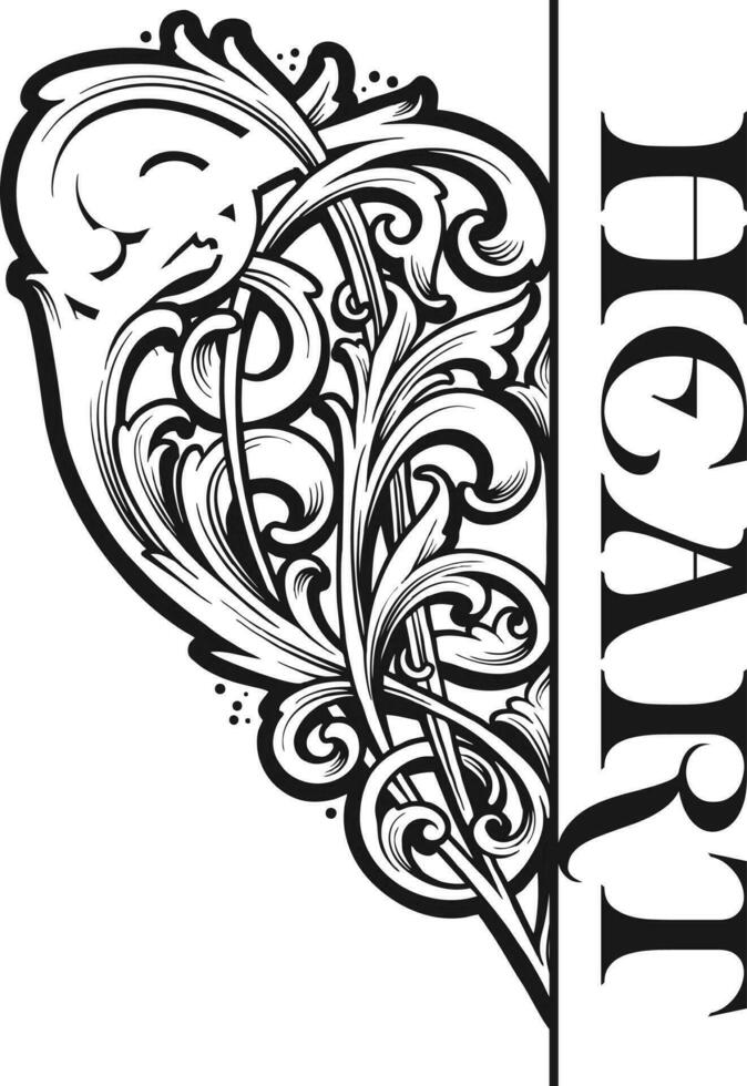 Clásico floral grabado ornamento medio corazón forma ilustraciones monocromo vector ilustraciones para tu trabajo logo, mercancías camiseta, pegatinas y etiqueta diseños, póster, saludo tarjetas