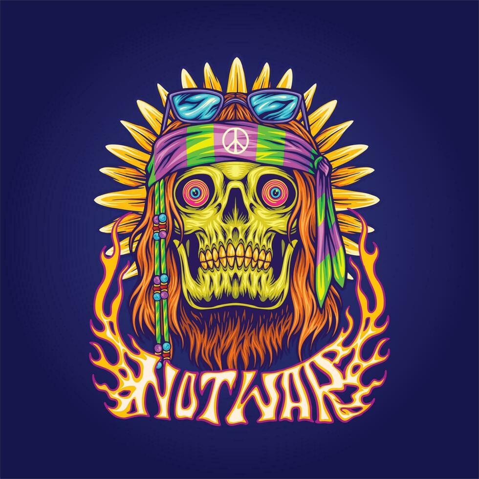 Hippie skull with trippy sunflower background psychedelic illustrations vector illustrations for your work logo, merchandise t-shirt, stickers and label designs, poster, greeting cards advertising
