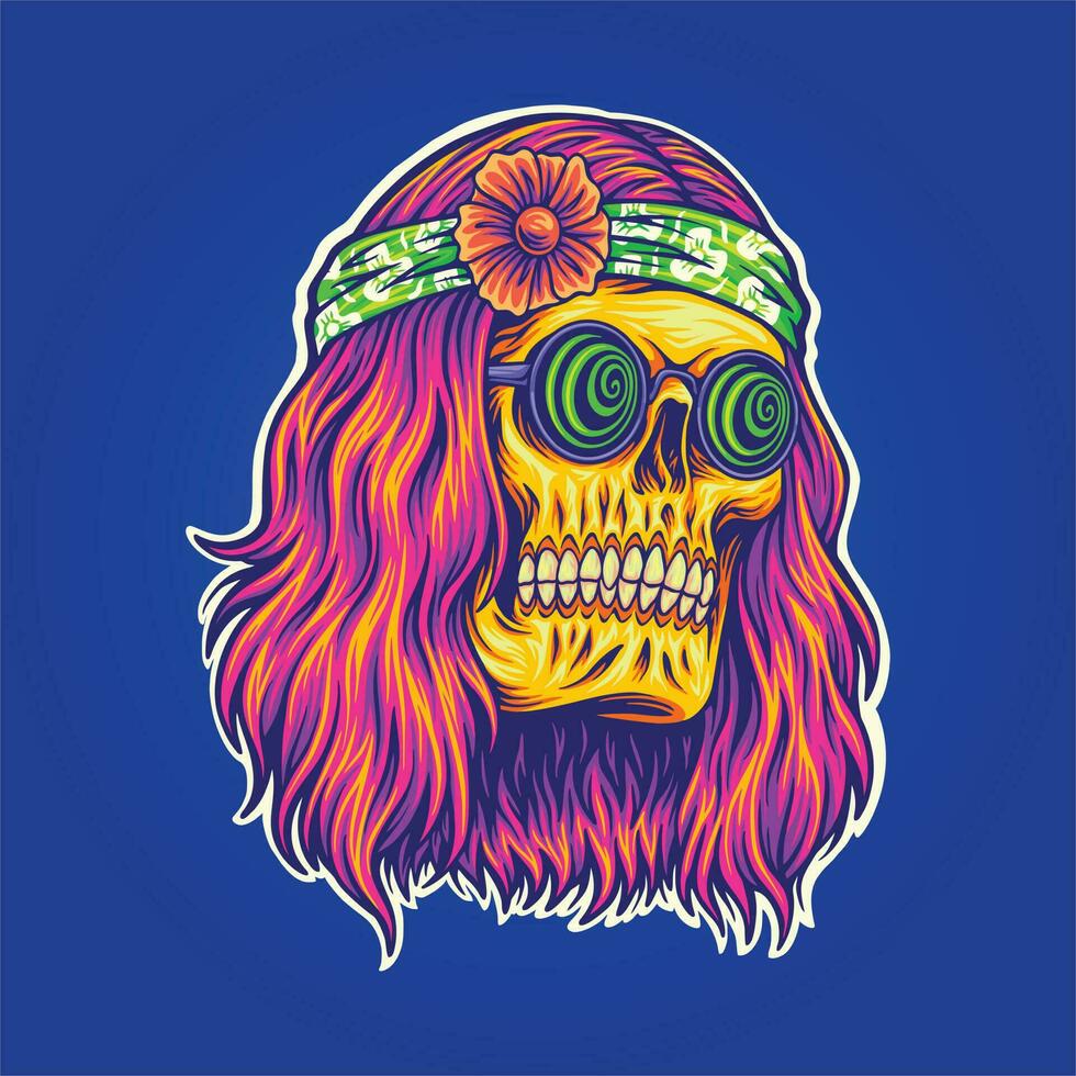 Trippy skull face wearing psychedelic glasses hippie illustrations vector illustrations for your work logo, merchandise t-shirt, stickers and label designs, poster, greeting cards advertising