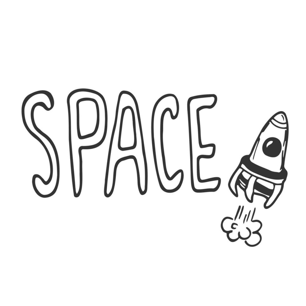 Space lettering, label set. Stylized space lettering with doodle style elements. Typographic design, retro vector illustration