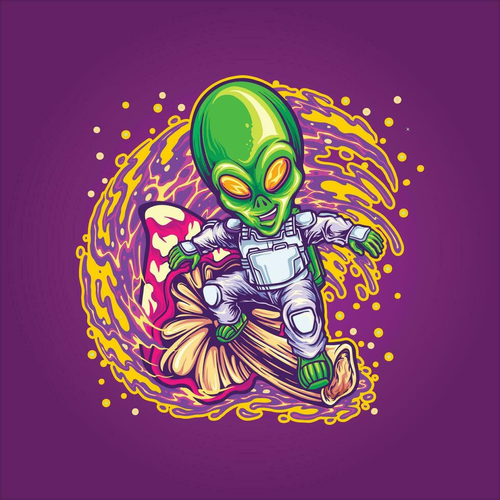Alien spaceman surfing on space with trippy mushroom illustrations vector illustrations for your work logo, merchandise t-shirt, stickers and label designs, poster, greeting cards advertising business