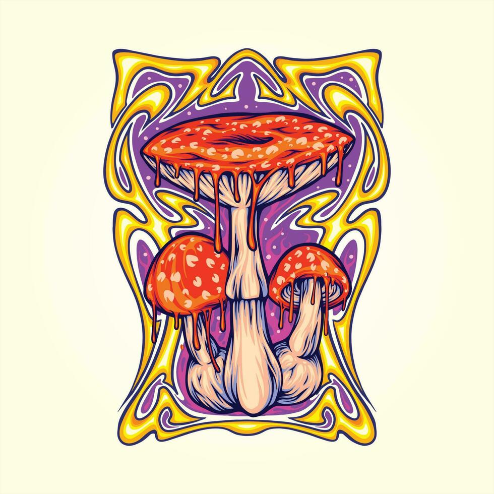 Amanita mushroom with trippy vintage frame logo illustrations vector illustrations for your work logo, merchandise t-shirt, stickers and label designs, poster, greeting cards advertising business