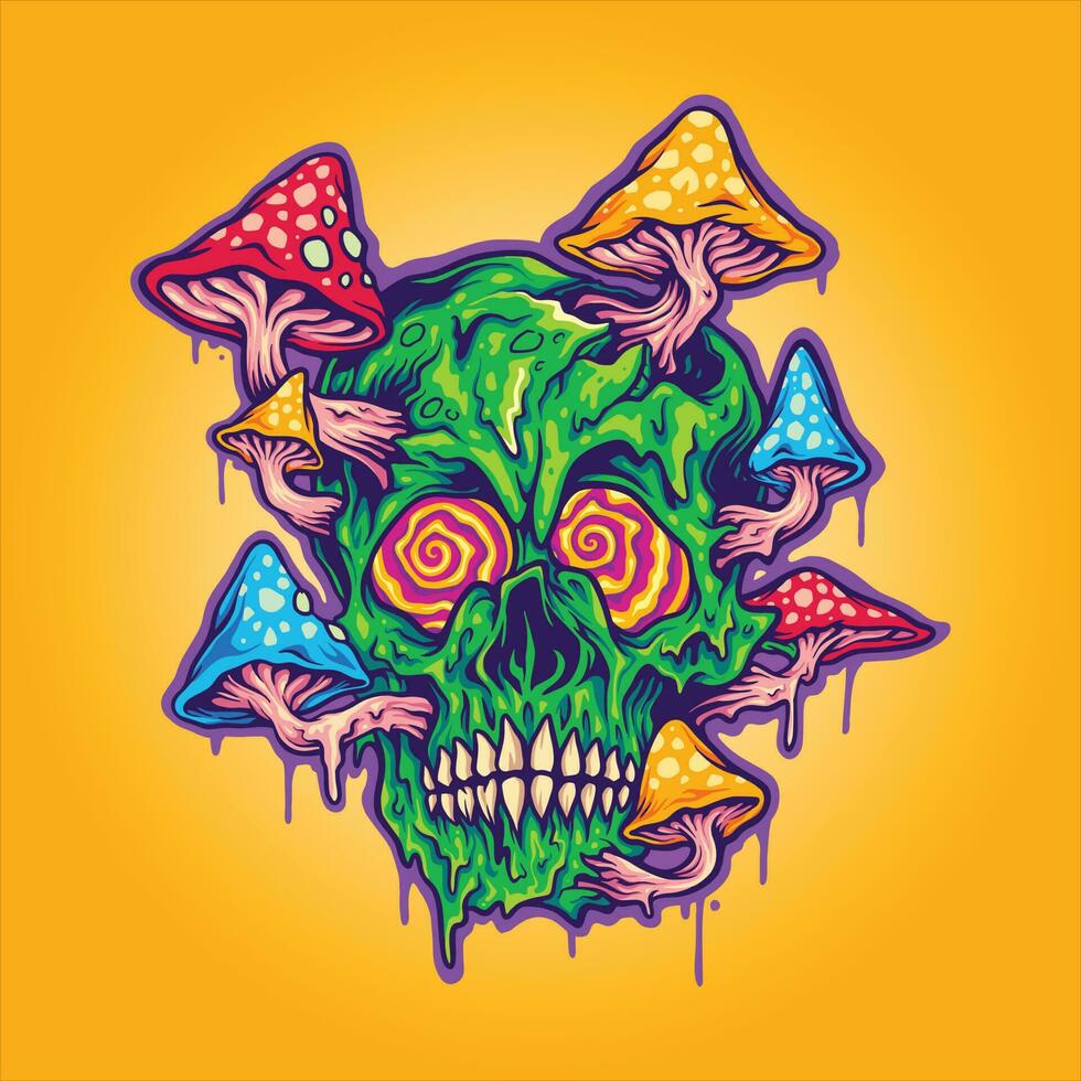 Psychedelic skull growth trippy drippy magic mushroom illustrations vector illustrations for your work logo, merchandise t-shirt, stickers and label designs, poster, greeting cards advertising