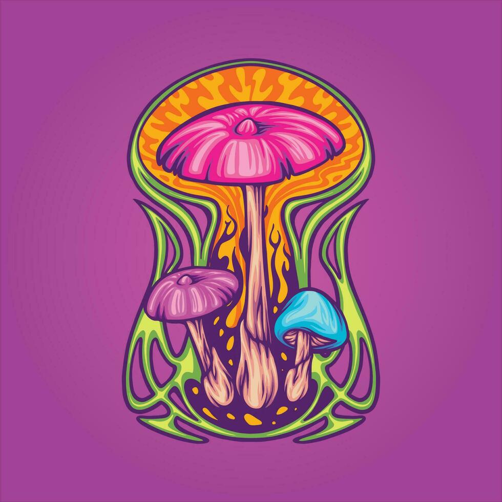 Magic mushroom psycho plant with art nouveau background frame illustrations vector  for your work logo, merchandise t-shirt, stickers and label designs, poster, greeting cards advertising
