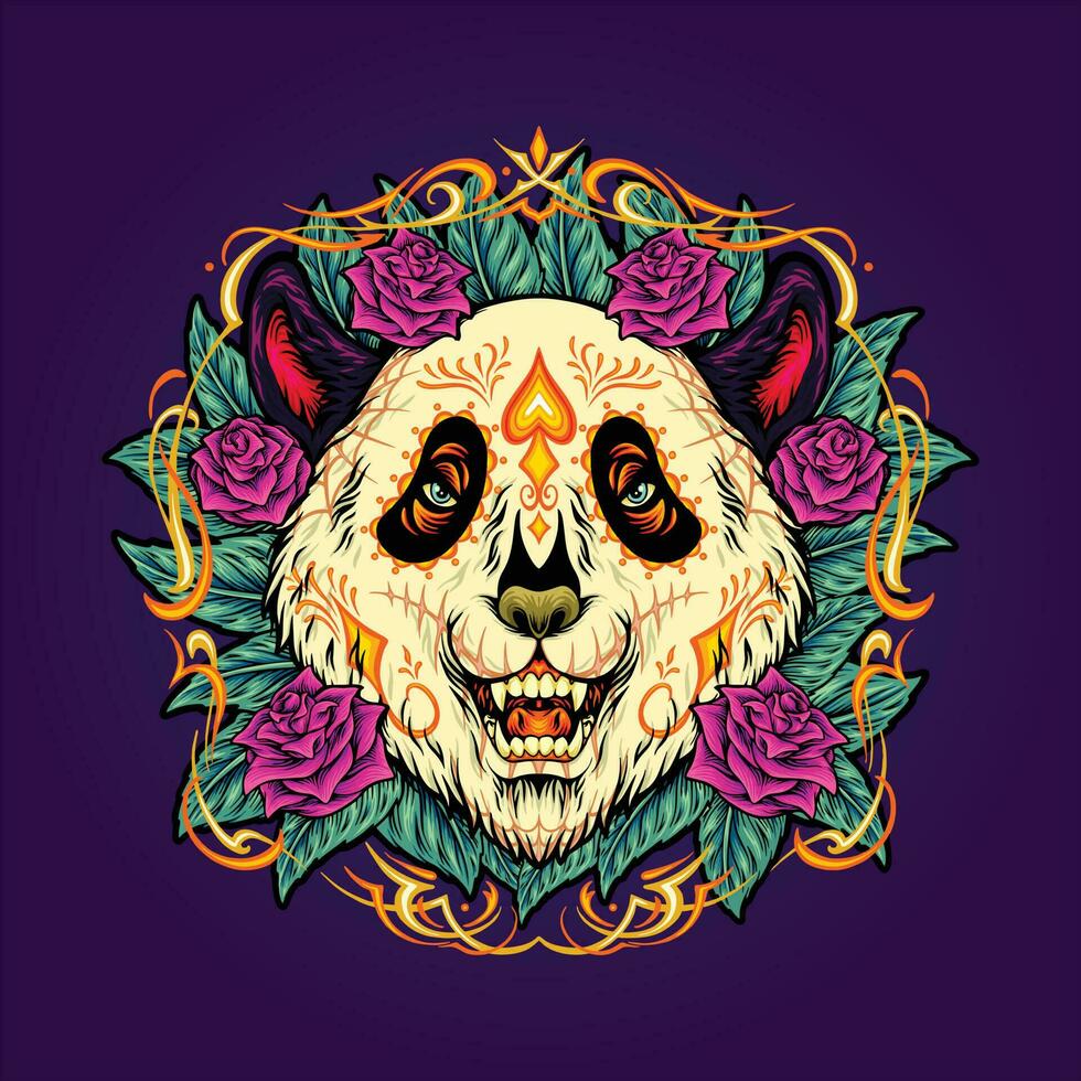 Sugar skull panda head with floral background illustrations vector for your work logo, merchandise t-shirt,