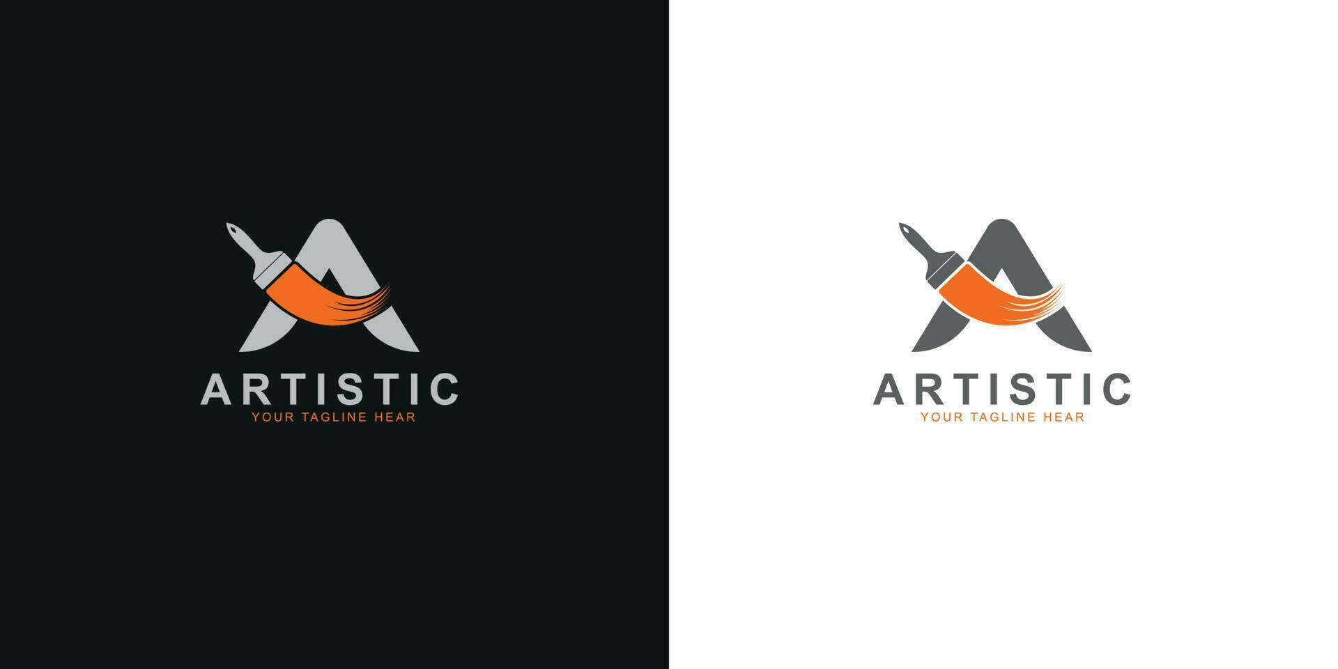 Artistic text logo with Orange and durk paint brush in black colour and flat minimal vector logo Concept.