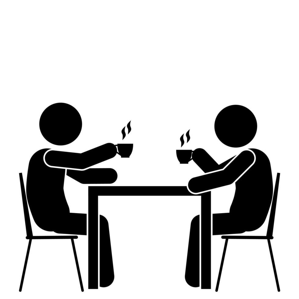 Two men sitting at the table and drinking coffee. Vector illustration.
