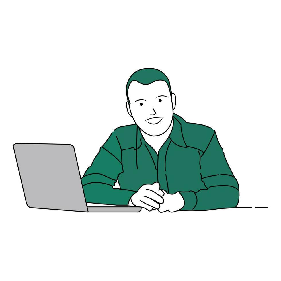 Handsome businessman working on his laptop. Line Art. vector