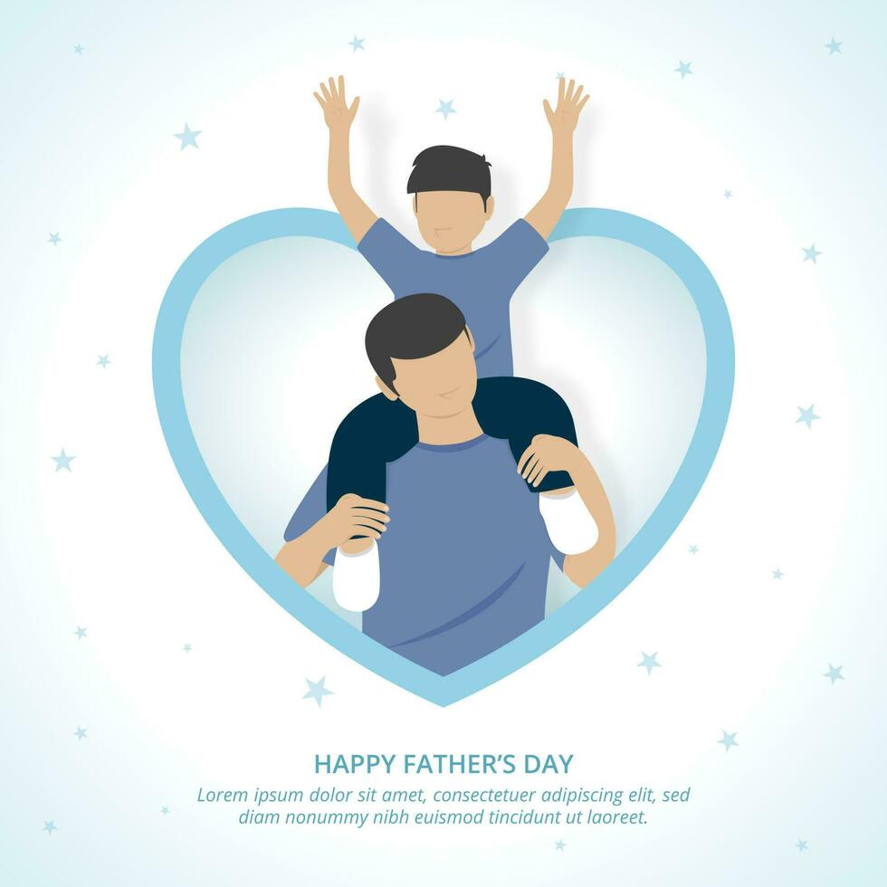 Square fathers day background with a father holding up the son in a shaped love frame vector