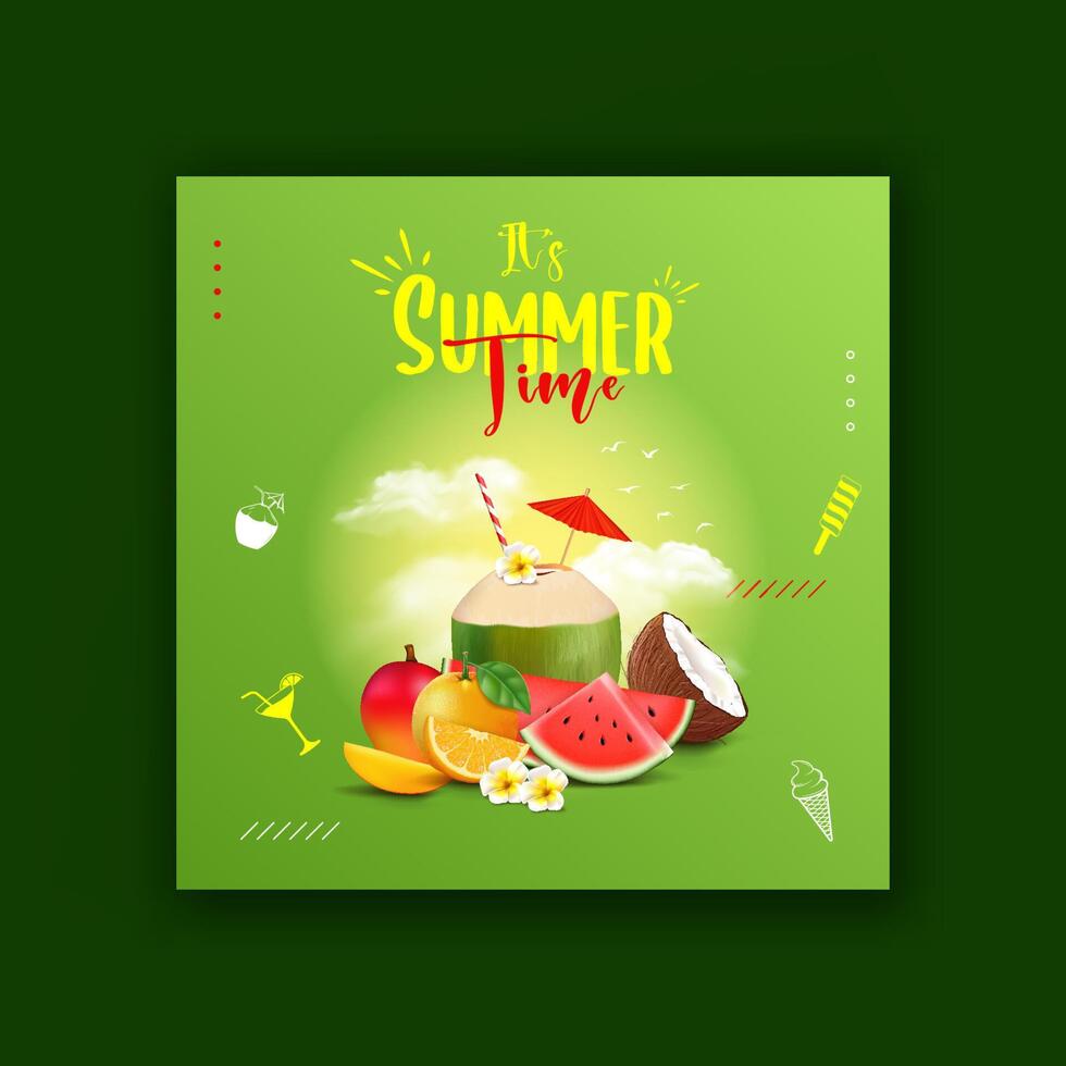summer time creative square banner design with orange, mango, watermelon and coconut water vector