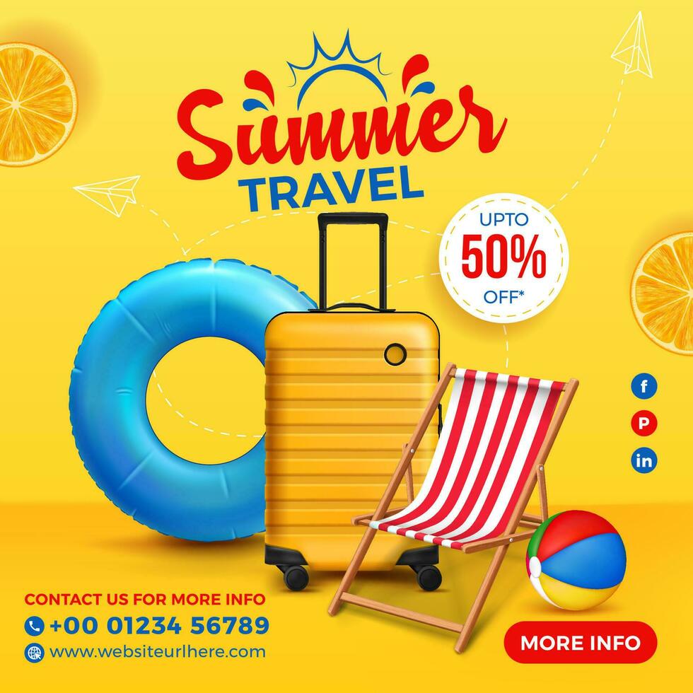 summer travel square banner design with suitcase, swiming ring, beach chair and beach ball vector