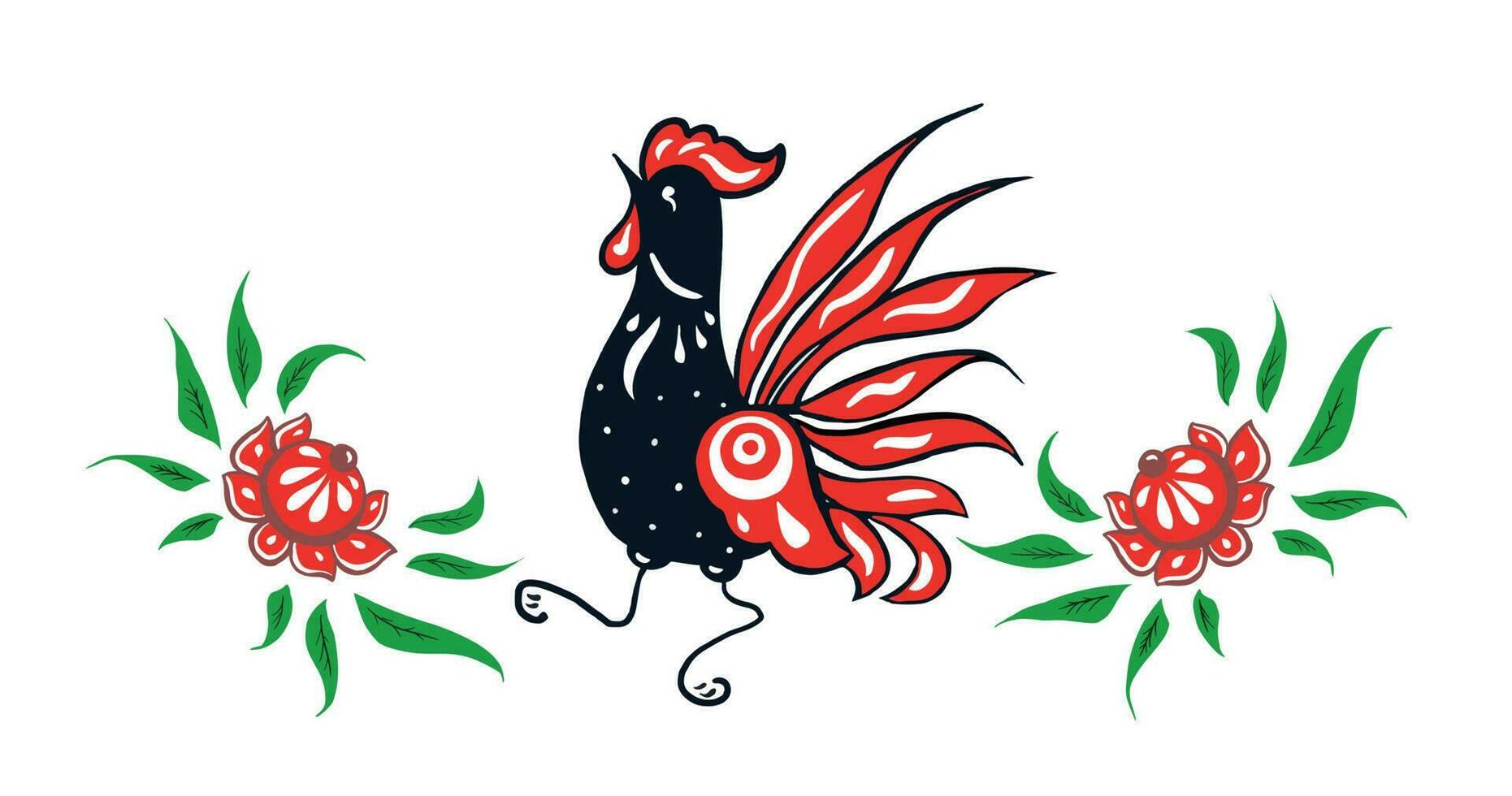 Rooster in flowers - Gorodets painting in vector.Red black rooster in
