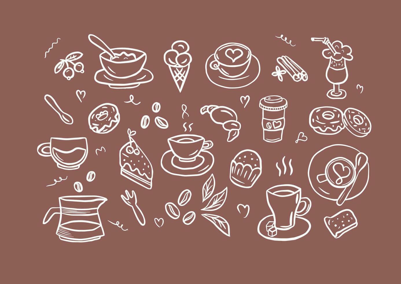 Vector illustration on the theme of coffee and desserts, coffee time collection in doodle style.Coffeeshop collection drawn hand.White lines on brown background.Breakfast .