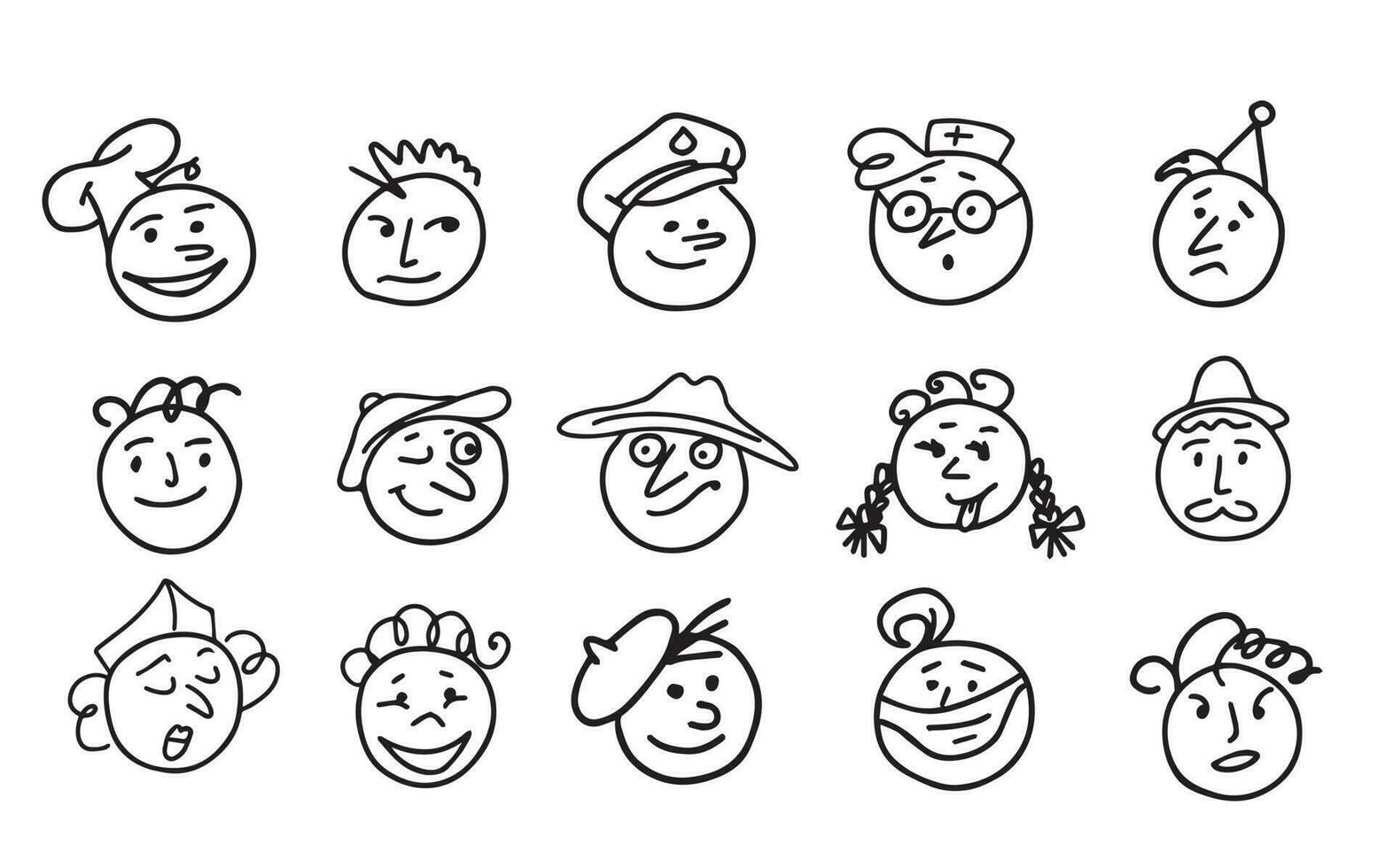 Collection of emoji icons drawn in doodle style.Vector illustration.Different professions and emotions. vector