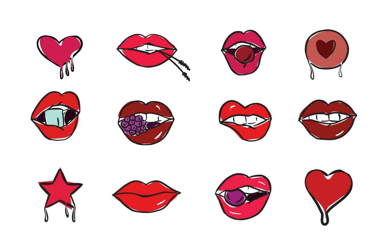 Collection Red female lips. The collection of women's lips expressed different emotions. Vector illustration of sexy female lips. Smile, kiss. Beauty concept.Vector illustration.Lips in doodle.