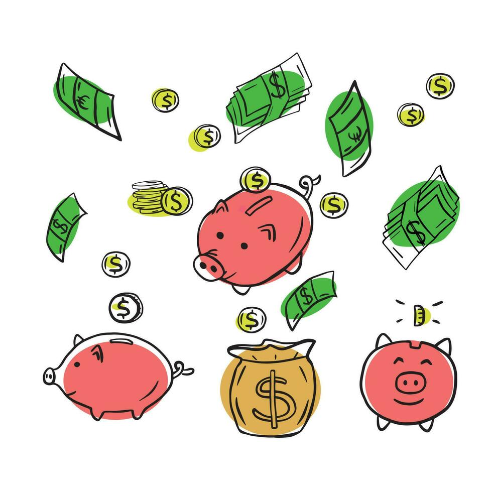 Money and coins doodles. Illustration of finance and currency. Sketch style drawing.Piggy bank.Dollars and euro for business. Colorful set of business icones. vector