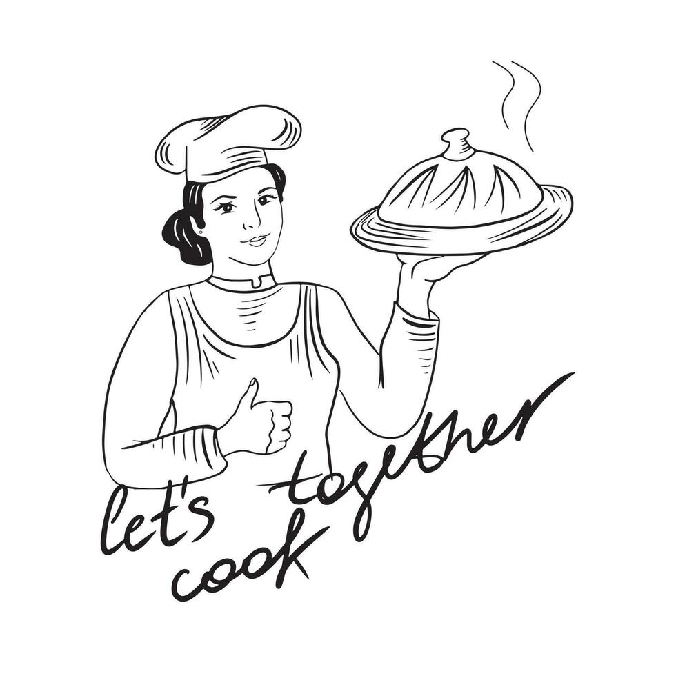 cocinero niña logo emblema de cocina, comida concepto.vector ilustración.doodle escalera para pasar una cerca. vector