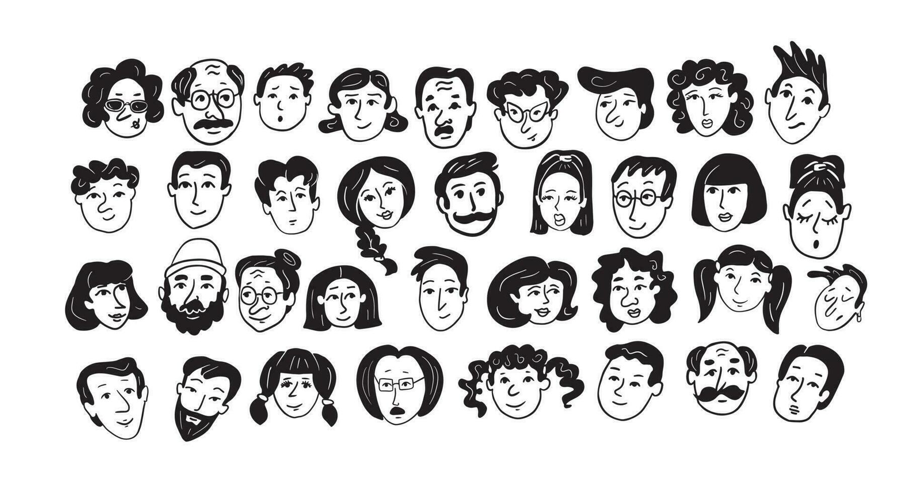 Set of people faces hand drawn in doodle style.Black lines and silhuette.Social network concept.Vector illustration. vector