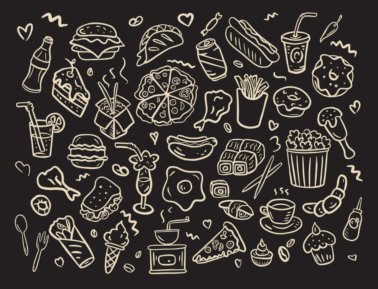 Set of fast food icons hand drawn in the doodle style.Vector illustration.Different types of fast food.White lines on the black background vector