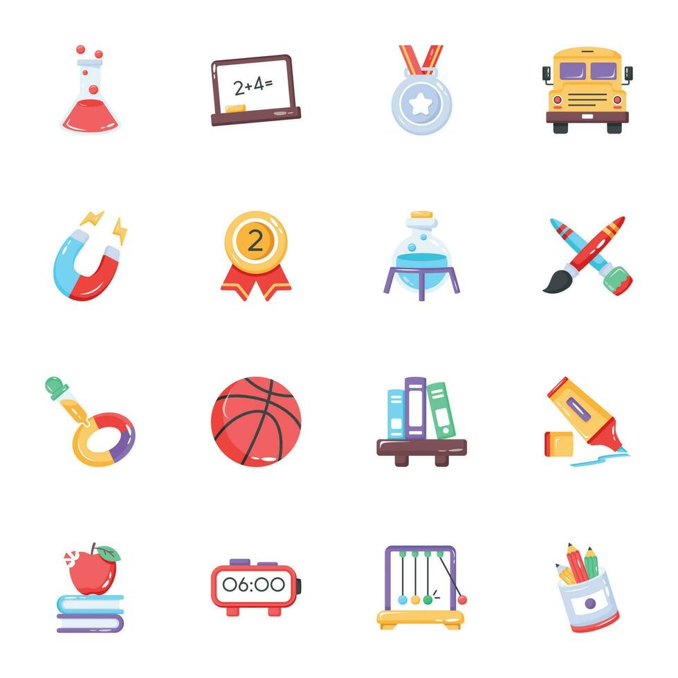 Set of School Accessories Flat Icons vector