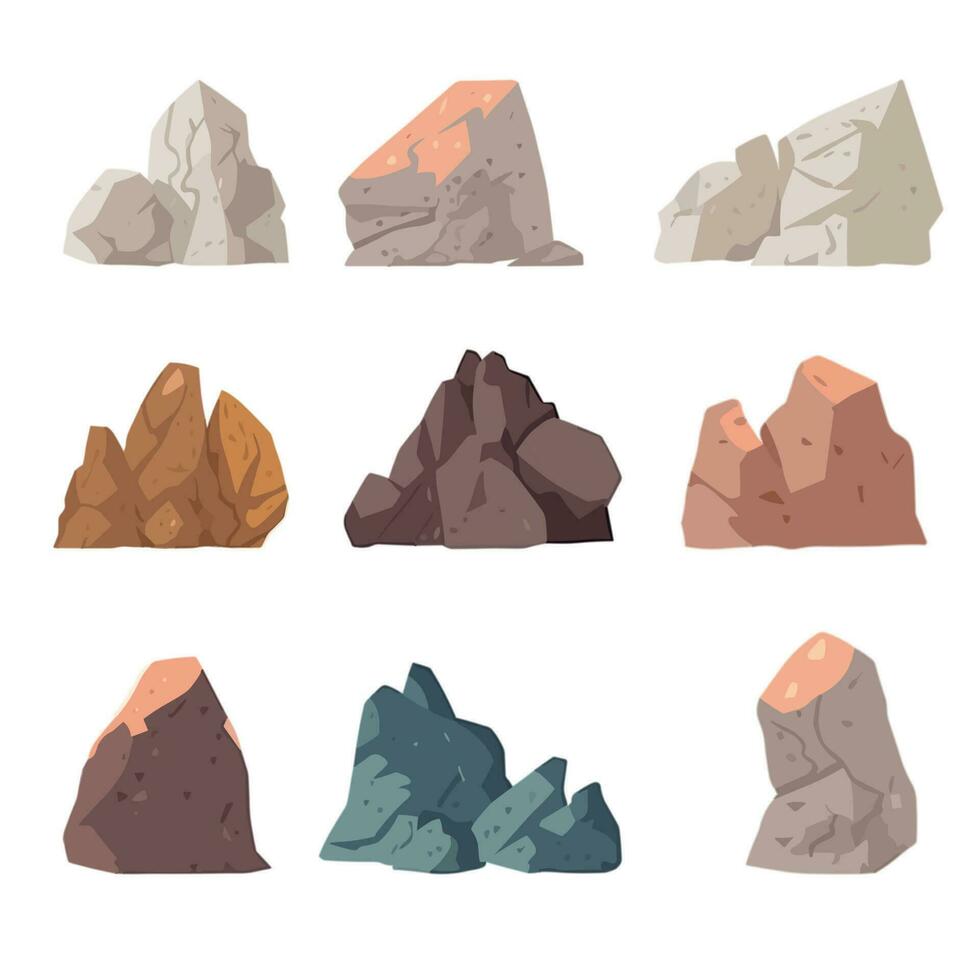 Vector illustration collection of objects, rocks, mountains, for use in nature scenes. Light tones, simple style.