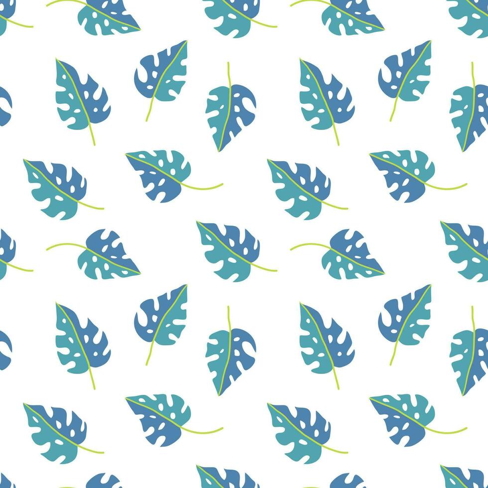 Monstera Leaf Tropical Seamless Pattern in Green and Blue Colors. vector