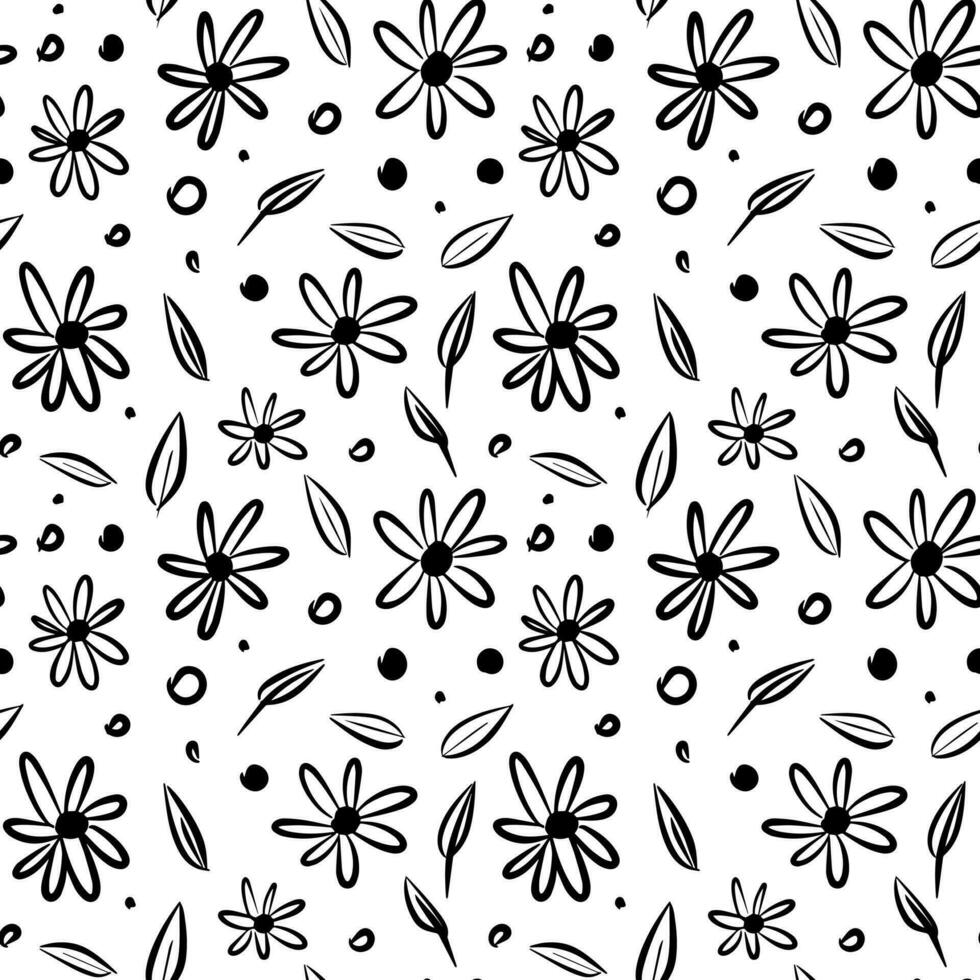 Vector seamless hand drawn flowers pattern. Floral card with leaves