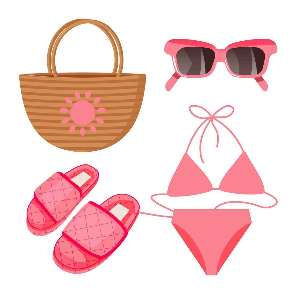 Set of fashion accessories from the sun. Summer set. Pink swimsuit, hat, sunglasses and bag. vector