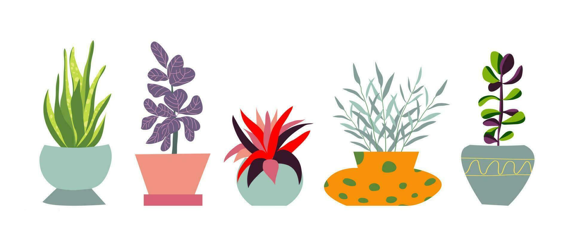 Urban jungle, trendy home decor with plants, tropical leaves in stylish planters and pots. Cartoon style vector