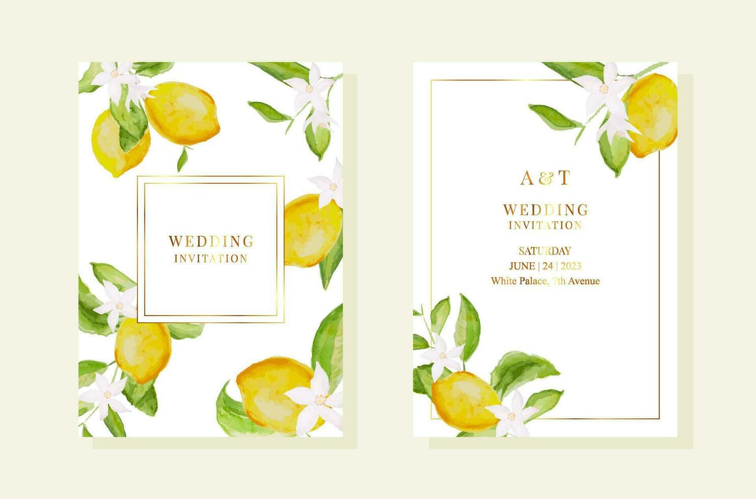 Wedding pemplates with watercolor lemon and leaves. Gold frames vector