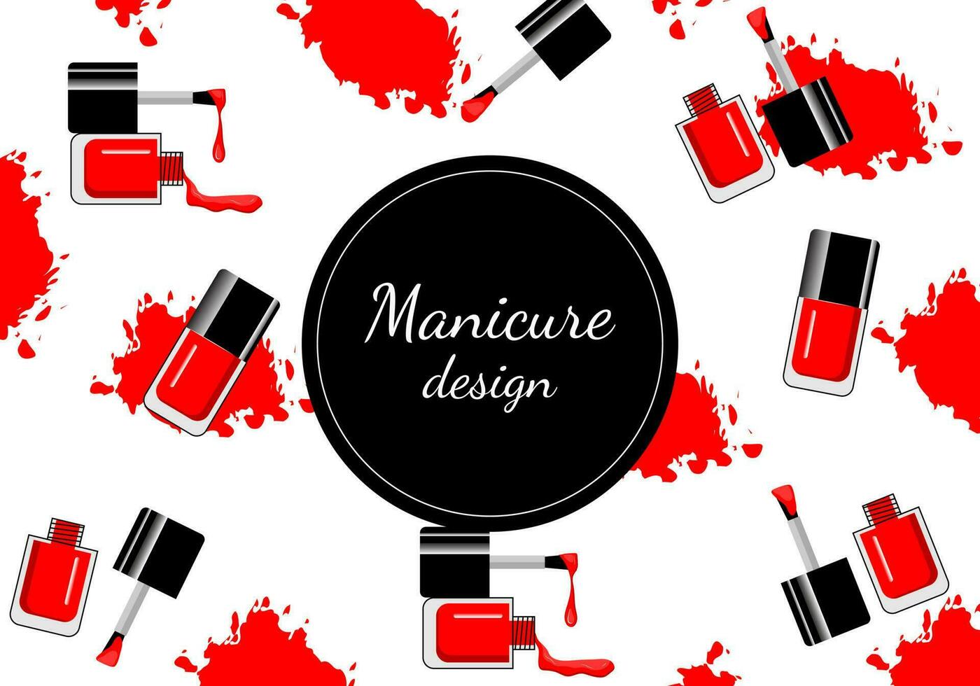 Nail Polish red bottle splashes, drops. Beauty and cosmetics background. Use for advertising flyer, banner, leaflet. vector