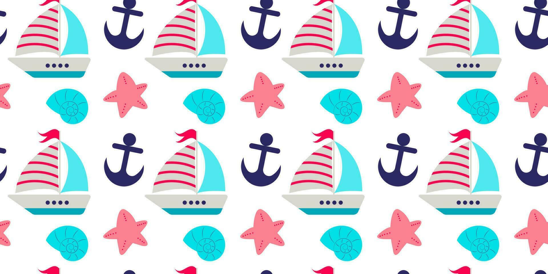 Nautical elements seamless pattern. Boat. shells, starfish and anchor vector