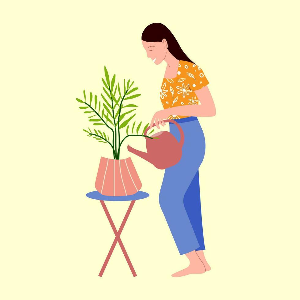 hermosa mujer riego planta de casa. cuidando para hogar plantas. pasatiempo. vector ilustración en plano estilo