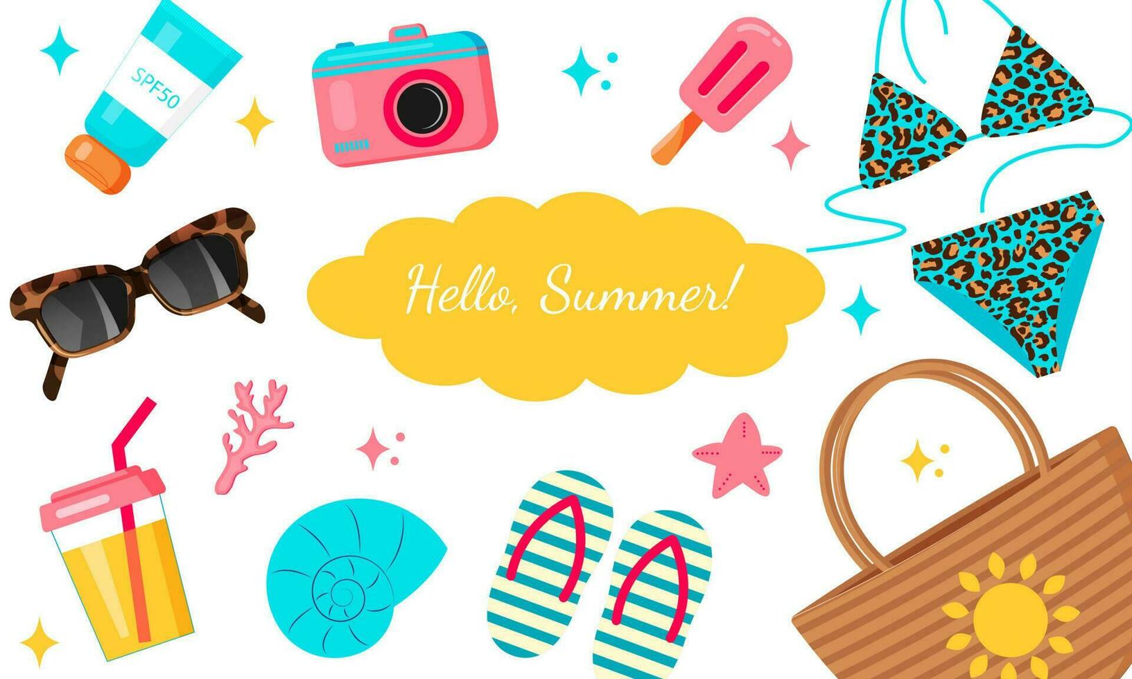 Hola verano bandera. verano colocar. traje de baño, sombrero, Gafas de sol, zapatillas, limonada, helado, cámara, protector solar y bolsa. vector